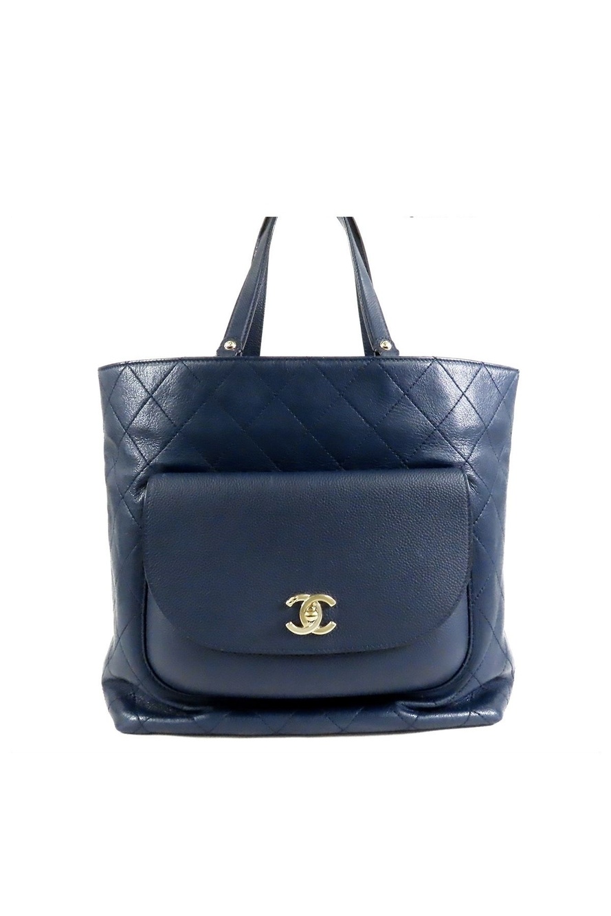 Chanel Quilted Caviar Tote Bag Navy Gold Calfskin